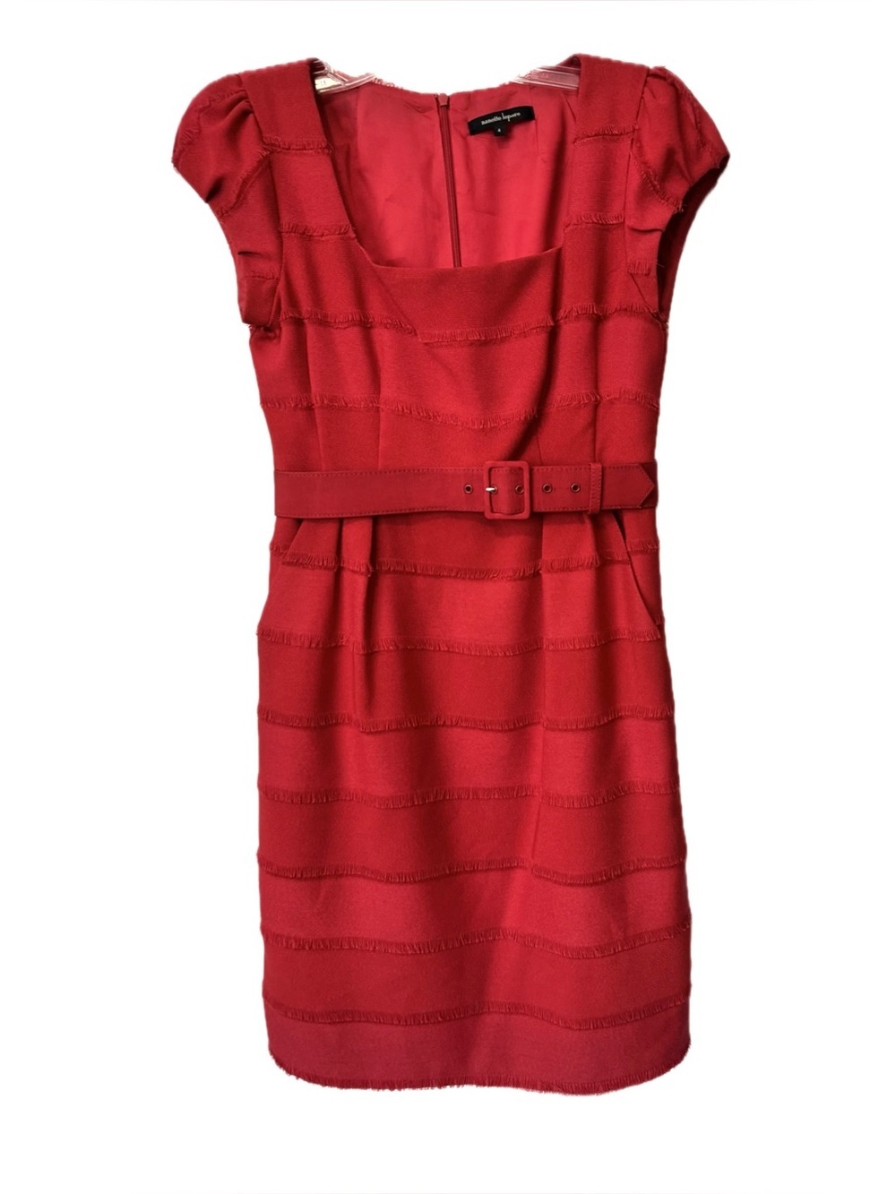 Nanette Lepore Red Belted Sheath Dress 4 Fringe Textured Career Cocktail Midi